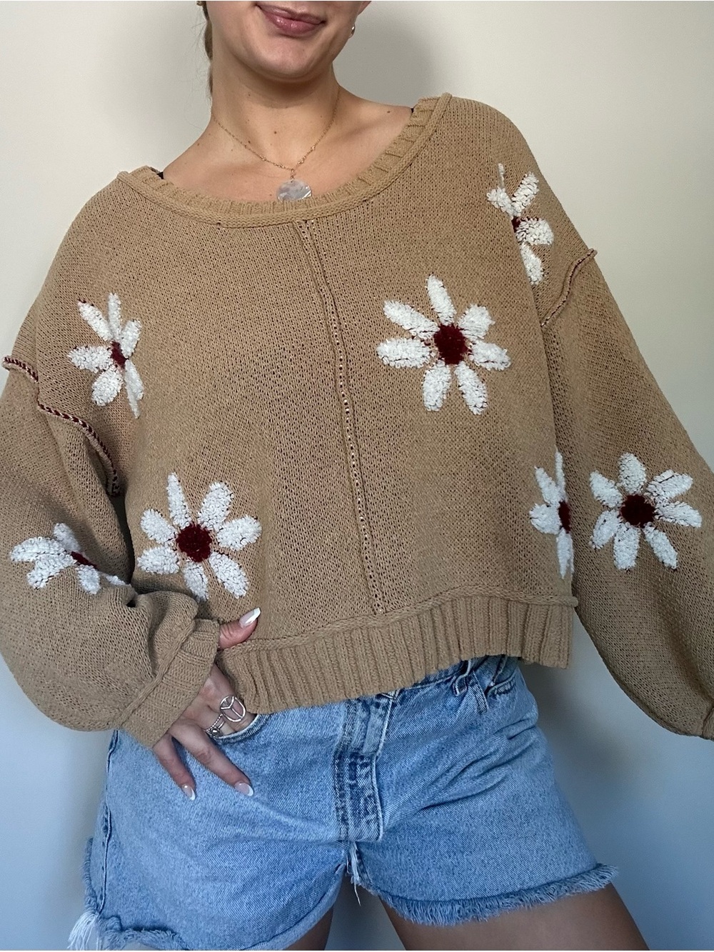 POL Tan Off-the-Shoulder Daisy Sweater